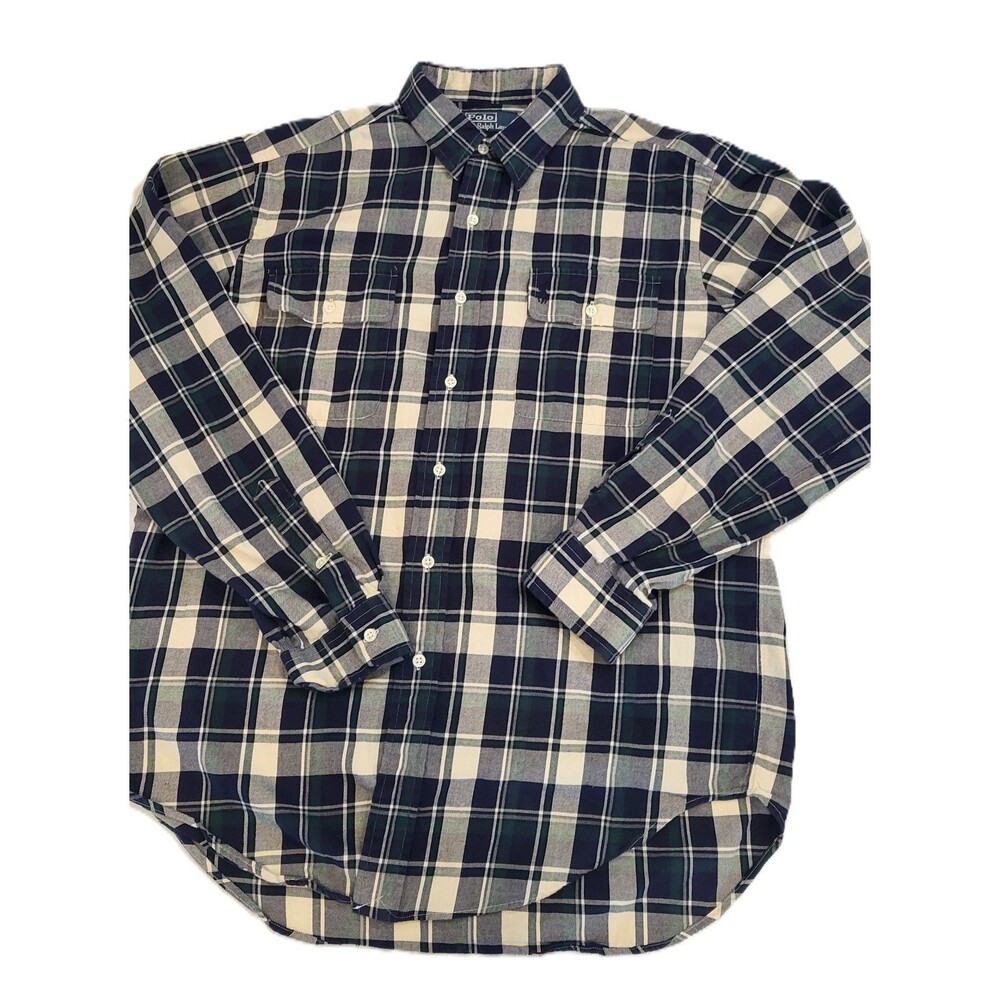 Polo Ralph Lauren Mens L Plaid Shirt Navy Green Double Pocket Long Sleeve